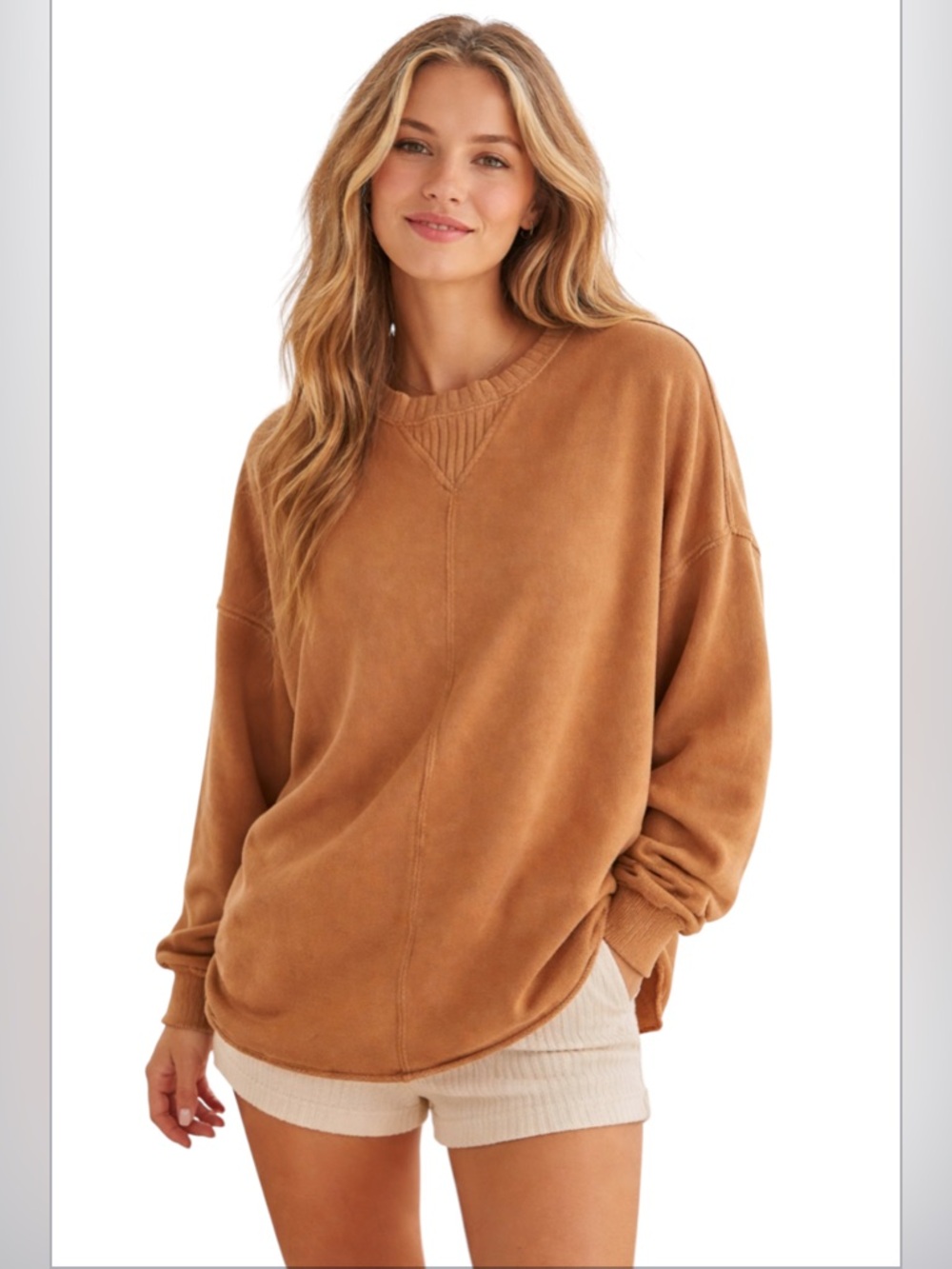 Aerie Oversized Tan Beige Distressed Pullover Slouchy Sweatshirt Size S Lounge